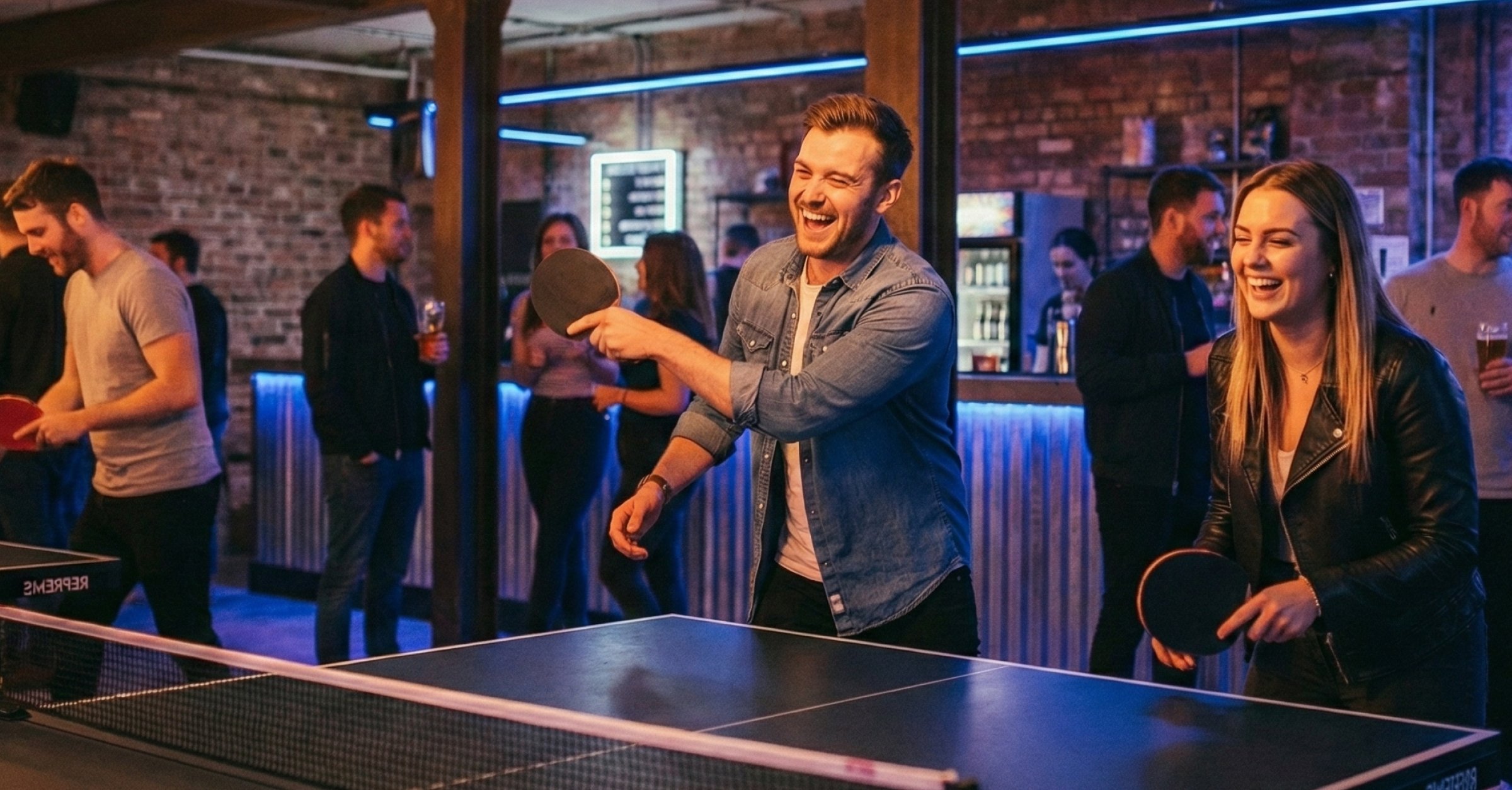 Couple playing table tennis in bar area